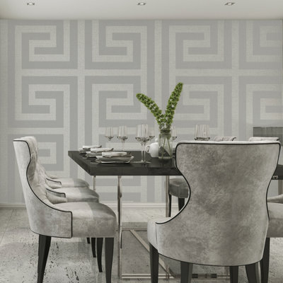 Belgravia D�écor Giorgio Greek Key Geometric Silver Textured Wallpaper