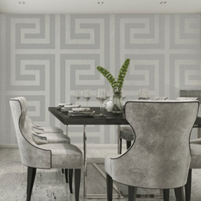 Belgravia Décor Giorgio Greek Key Geometric Silver Textured Wallpaper