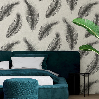 Belgravia Décor Glitter Feather Grey Textured Wallpaper