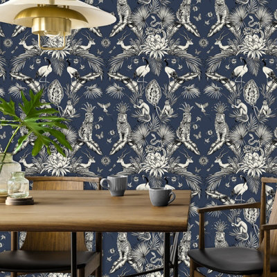 Belgravia Décor Menagerie Tiger Navy Smooth Wallpaper DIY at B&Q