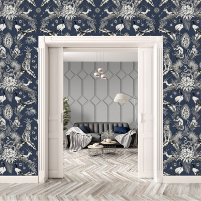 Belgravia Décor Menagerie Tiger Navy Smooth Wallpaper