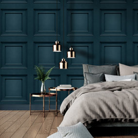 Blue/Teal Contemporary Wood Panel Wallpaper in Navy Blue