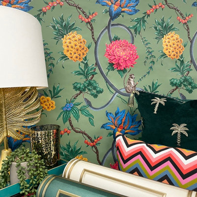Belgravia Forbidden Fruit Floral Wallpaper Green 39002