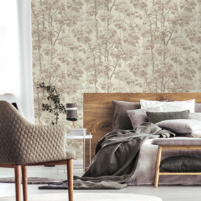 Belgravia Giorgio Tree Floral Heavyweight Textured Vinyl Wallpaper Beige 8116