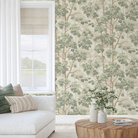 Belgravia Giorgio Tree Floral Heavyweight Textured Vinyl Wallpaper Green 8115