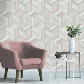 Belgravia Hudson Geometric Metallic Blush Pink Grey Rose Gold Wallpaper 9791