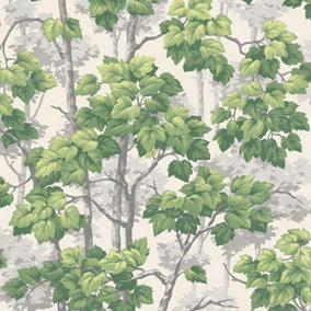 Belgravia Rivington Green White Woodland Tree Wallpaper Leaves Modern Naturistic