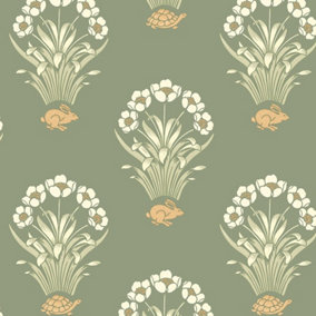 Belgravia Tortoise Hare Sage Green Wallpaper Floral Animal Print Feature Wall
