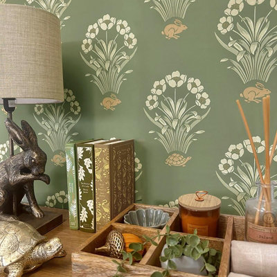 Belgravia Tortoise Hare Sage Green Wallpaper Floral Animal Print Feature Wall