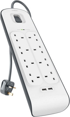 Belkin Extension Lead with USB Slots x 2 (2.4 A Shared), 8 Way/8 Plug Extension, 2m Surge Protected Power Strip - White