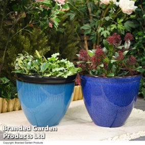 Bell Glazed Effect Outdoor Garden Planter Set of Two in Ocean Blue & Sky Blue Durable Lightweight Weatherproof Plastic (x2)
