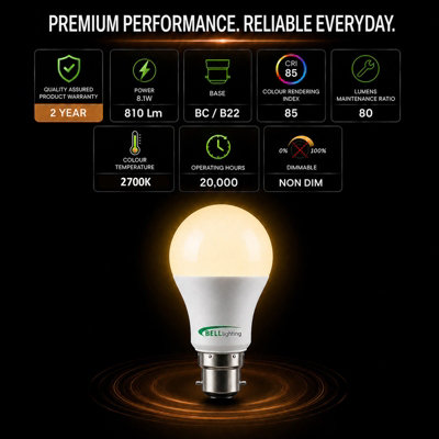 BELL Lighting 3 Pack B22 LED Classic GLS Bulbs 8.1W, 60W Equivalent ...