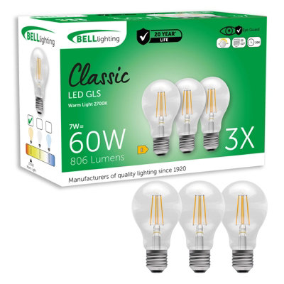 BELL Lighting 3 Pack E27 Filament GLS Bulbs 7.0W 806lm , Warm White ...