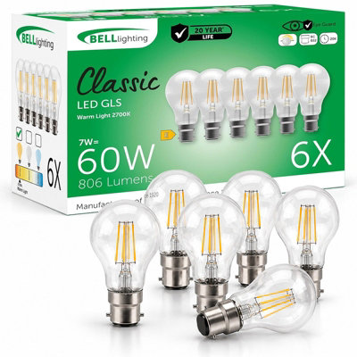 BELL Lighting 6 Pack B22 LED Filament GLS Bulbs 7W 806lm , Warm White ...