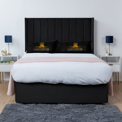 BELLA BLACK PLUSH WINGBACK DIVAN BED BASE WITH 54 INCH HEADBOARD & 10 ...
