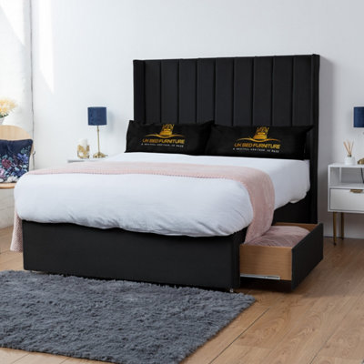 Bella Black Plush Wingback Divan Bed With 2 Foot End Drawers & 54 Inch ...