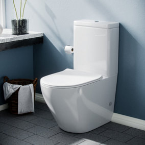 Bella Rimless Round Modern Close Coupled Toilet Cistern, Pan and Soft Close Seat