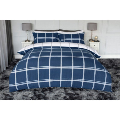 Belledorm Dalton Brushed Cotton Checked Duvet Cover Set Navy/White (Double)