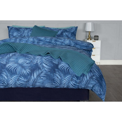 Belledorm Eden Leaves Duvet Cover Set Navy/Duck Egg (King)