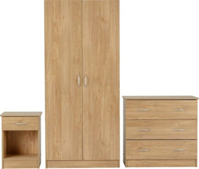Bellingham 3 Piece Bedroom Set Wardrobe Chest Drawers Bedside in Oak Effect