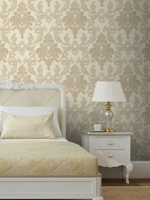 Bellini Damask Gold and Cream Heavyweight Vinyl Wallpaper
