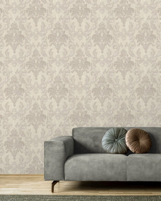 Bellini Damask Silver and Grey Heavyweight Vinyl Wallpaper