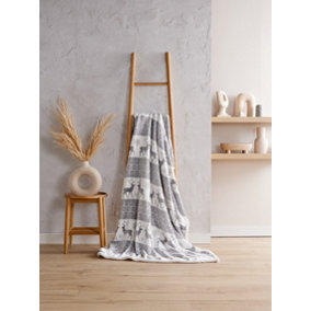 Bellissimo Home Nordic Stag Sherpa Throw Grey. Sherpa Backing Super Soft & Warm