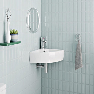 BELOFAY 13.5x43.5x32cm Corner Ceramic Cloakroom Wash Basin Sink, Modern Design Wall-Mounted Basin (Only Basin Included)