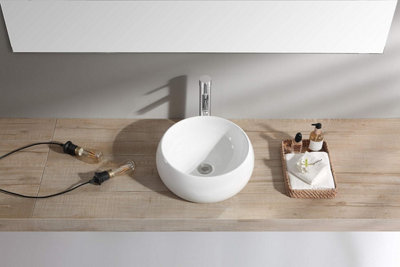 BELOFAY 170x360x360mm Round Ceramic Basin, Modern Design Gloss White Countertop Sink with TAP, Bottle Trap & Pop-up Waste