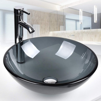 BELOFAY 42x14x42 cm Semi Transparent Glass Bathroom Counter Top Wash Basin Sink, Modern Design Glass Bowl Cloakroom Basin