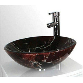 BELOFAY 42x14x42cm Burgundy Marble Effect Glass Counter Top Wash Basin Sink Cloakroom Basin with TAP, Bottle Trap & Pop up Waste
