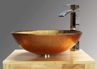 BELOFAY 42x14x42cm Gold Glass Bathroom Counter Top Wash Basin Sink Cloakroom Basin with TAP, Bottle Trap & Pop up Waste