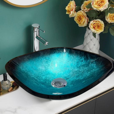 BELOFAY 42x14x42cm Marble Effect Glass Bathroom Counter Top Wash Basin Sink, Modern Design Glass Bowl Cloakroom Basin