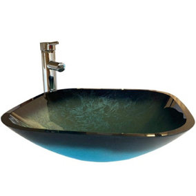 BELOFAY 42x14x42cm Marble Effect Glass Bathroom Counter Top Wash Basin Sink, Modern Design Glass Bowl Cloakroom Basin