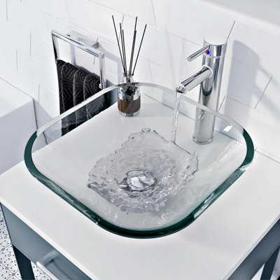 BELOFAY 49x14x49cm Rectangular Glass Bathroom Counter Top Wash Basin Sink Cloakroom Basin with Tap,Bottle Trap & Pop Up Waste