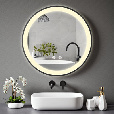 BELOFAY 500 mm Round LED Bathroom Mirror Black Frame Dimmable Lighting ...