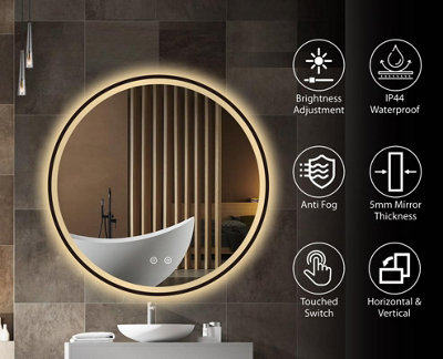 BELOFAY 500 mm Round LED Bathroom Mirror Black Frame Dimmable Lighting ...