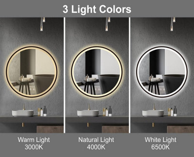 BELOFAY 500 mm Round LED Bathroom Mirror Black Frame Dimmable Lighting ...