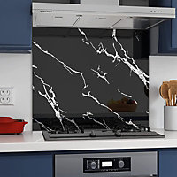 BELOFAY 50x60cm Black Marble Tempered Glass Splashback for Kitchen, 6mm Toughened Glass Heat Resistant Splashbacks for Cookers