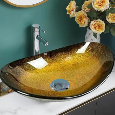 BELOFAY 54x13x36cm Oval Gold Glass Bathroom Counter Top Wash Basin Sink Cloakroom Basin with Tap,Bottle Trap & Pop Up Waste