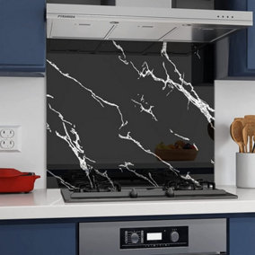 BELOFAY 60x60cm Black Marble Tempered Glass Splashback for Kitchen, 6mm Toughened Glass Heat Resistant Splashbacks for Cookers