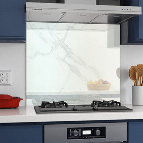 BELOFAY 60x80cm Greenish White Marble Tempered Heat Resistant Glass Splashback for Kitchen, 6mm Thickness