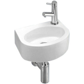 BELOFAY Ceramic Bathroom Sink, Oval Wash Basin, Cloakroom Corner Basin Bathroom Corner Sink with TAP, Bottle Trap & Pop-up Waste