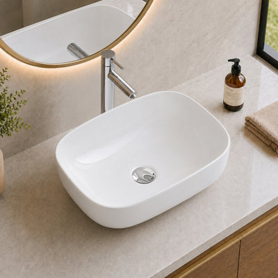 BELOFAY Ceramic Countertop Bathroom Sink, Oval Countertop Basin with TAP, Bottle Trap & Pop-up Waste (135x460x330mm)