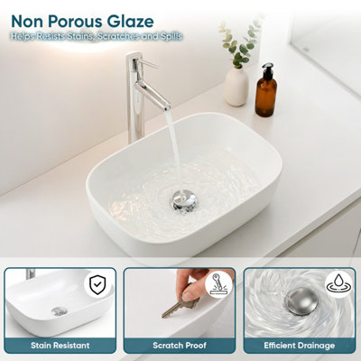 BELOFAY Ceramic Countertop Bathroom Sink, Oval Countertop Basin with TAP, Bottle Trap & Pop-up Waste (135x460x330mm)