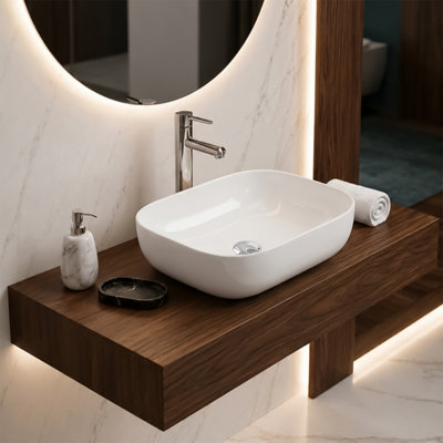 BELOFAY Ceramic Countertop Bathroom Sink, Oval Countertop Basin with TAP, Bottle Trap & Pop-up Waste (135x460x330mm)