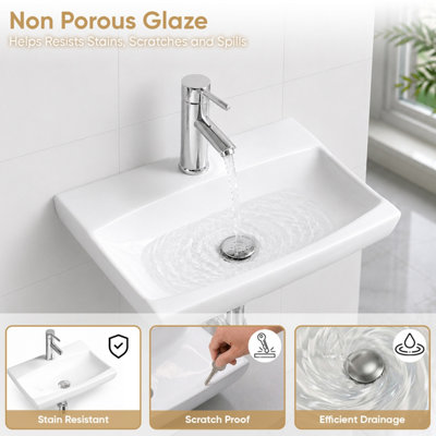 BELOFAY Ceramic Wall Mounted Bathroom Sink, Rectangular Wall Hung Basin for Cloakroom & Vanity (10x49x33cm)