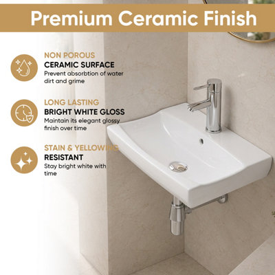 BELOFAY Ceramic Wall Mounted Bathroom Sink, Rectangular Wall Hung Basin for Cloakroom & Vanity (10x49x33cm)