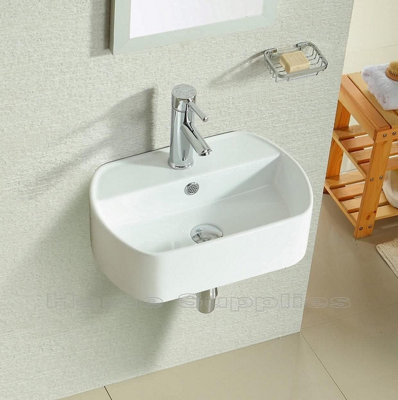 BELOFAY Counter Top Ceramic Bathroom Sink, White Elegant and Generous Corner Cloakroom Sink with TAP, Bottle Trap & Pop-up Waste