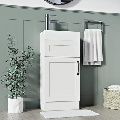Belofay Crawley White 600mm Floor Standing Bathroom Vanity Unit With Basin Laquered Cloakroom Vanity Unit With 1 Tap Hole Cerami